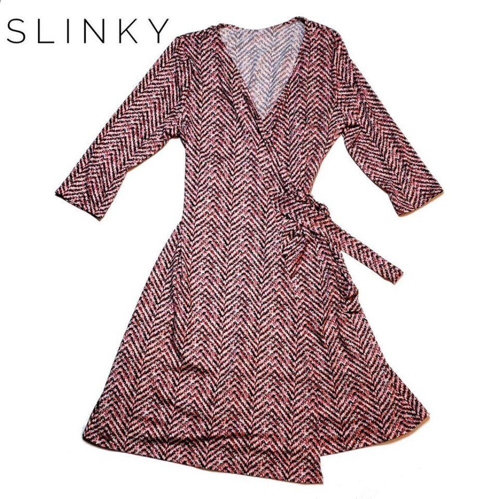 NEW LuLaRoe M Michelle Wrap Dress Pink‎ Herringbone Stripe Heathered 3/4 Sleeve